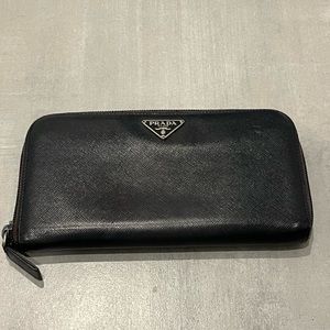 Authentic PRADA Saffiano Black Leather Zip Around Long Wallet